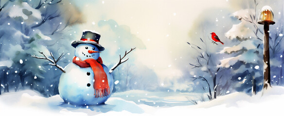 Wall Mural - Watercolor Painting, Christmas Snowman, Generative AI