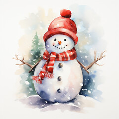 Wall Mural - Watercolor Painting, Christmas Snowman, Generative AI