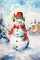 Wall Mural - Watercolor Painting, Christmas Snowman, Generative AI