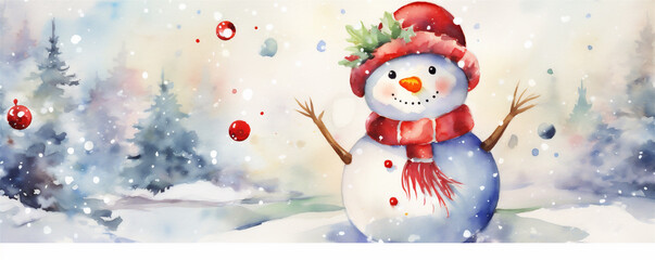 Wall Mural - Watercolor Painting, Christmas Snowman, Generative AI