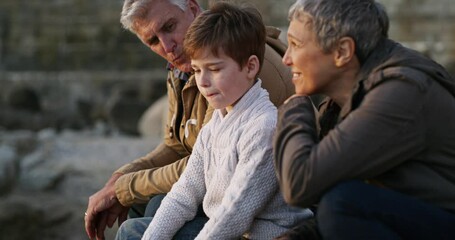 Poster - Family, beach and a happy boy with his grandparents while looking at the view outdoor together. Love, smile or travel with a senior man, woman and child grandson on the coast for retirement bonding