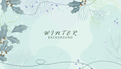 Wall Mural - Watercolor winter background design, Flower and botanical leaves watercolor hand drawing. Abstract art wallpaper design for wall arts, wedding and greetings card.