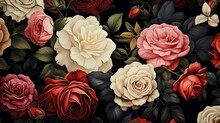 A 3D Floral Wallpaper Design Showcasing A Symphony Of Roses In Various Stages Of Bloom Against A Dark Backdrop.