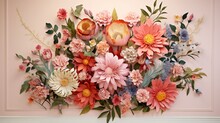 A 3D Flower Wall Mural Highlighting A Bouquet Of Wildflowers, Each Petal And Leaf Intricately Detailed.