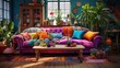 A bohemian-inspired sofa draped in textured throws and surrounded by eclectic decor pieces in a vibrant, artsy living space.