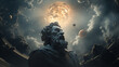 Statue of a bearded philosopher gazing at the cosmos, symbolizing scientific thought, rationality, philosophy, and astronomy. Epic scene with the sun and planets expanding behind the Greek sculpture