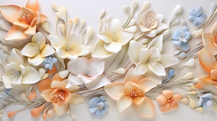Wall Mural - a close-up of a 3d floral wall mural capturing the delicate beauty of blooming freesias in soft past