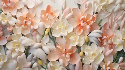 Wall Mural - a close-up of a 3d floral wall mural capturing the delicate beauty of blooming freesias in soft past