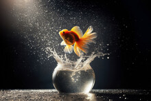 Goldfish Jumping Out Of The Water. Goldfish Jumping From Aquarium.  Escape. Goldfish Jumping From Glass Aquarium,