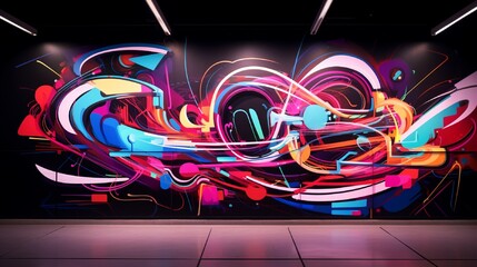 Wall Mural - a dynamic and energetic abstract wall composition featuring a fusion of neon lights, bold strokes, a