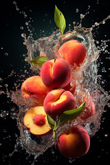  Ripe juicy peaches, peach leaves and flowers in a splash of water. Generative AI.