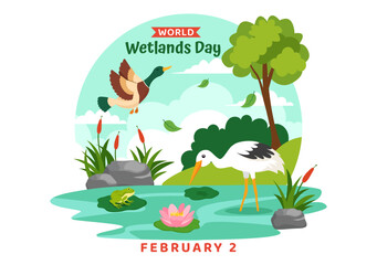 Wall Mural - World Wetlands Day Vector Illustration on 2 February with Stork Animals and Garden Background in Holiday Celebration Flat Cartoon Design