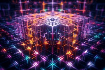 A nano-scale atomic lattice forming a complex futuristic structure in vivid neon hues, radiating energy throughout.