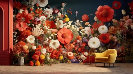Wall Mural - a room adorned with 3d wallpaper showcasing a lively arrangement of daisies and poppies in full bloo