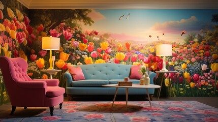 Wall Mural - a room adorned with a 3d wallpaper depicting an enchanting meadow filled with blooming tulips and da