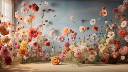 Wall Mural - a room featuring a 3d floral wallpaper displaying a vivid array of cosmos flowers dancing in a summe