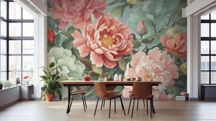 Wall Mural - a room featuring a 3d wallpaper design showcasing an array of colorful peonies against a subtle, mut
