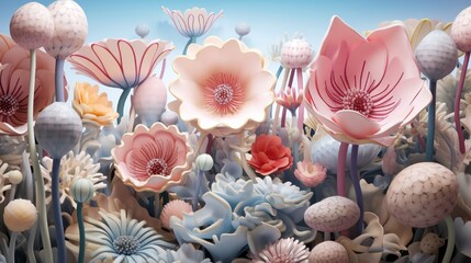 Wall Mural - a surreal garden blooming with mesmerizing 3d flowers, their hypnotic patterns intertwining into a h