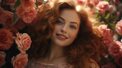 Beautiful young white 20s woman with red hair in rose garden looking at camera. Summer vacation. Closeup portrait of woman. Flower care, youth, tenderness, love, farm, gardening concept. March 8