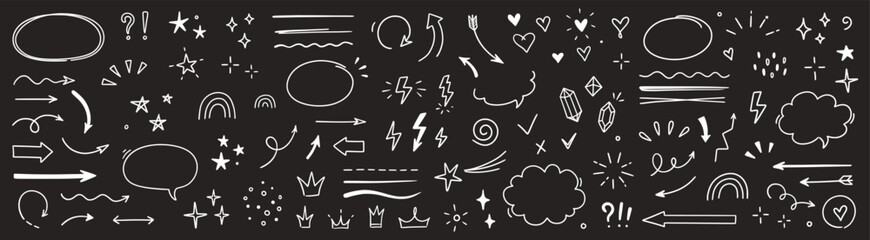 Aufkleber - Sketch line arrow element, star, heart shape on chalkboard background. Hand drawn doodle sketch style circle, cloud speech bubble grunge element. Arrow, star, heart decoration. Vector illustration