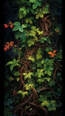 Wall Mural - An array of intertwining vines and leaves forming a mesmerizing, organic tapestry of nature's beauty.