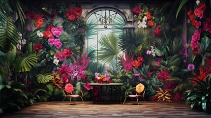 Wall Mural - an enchanting 3d wallpaper displaying a garden scene filled with a variety of vibrant and exotic tro