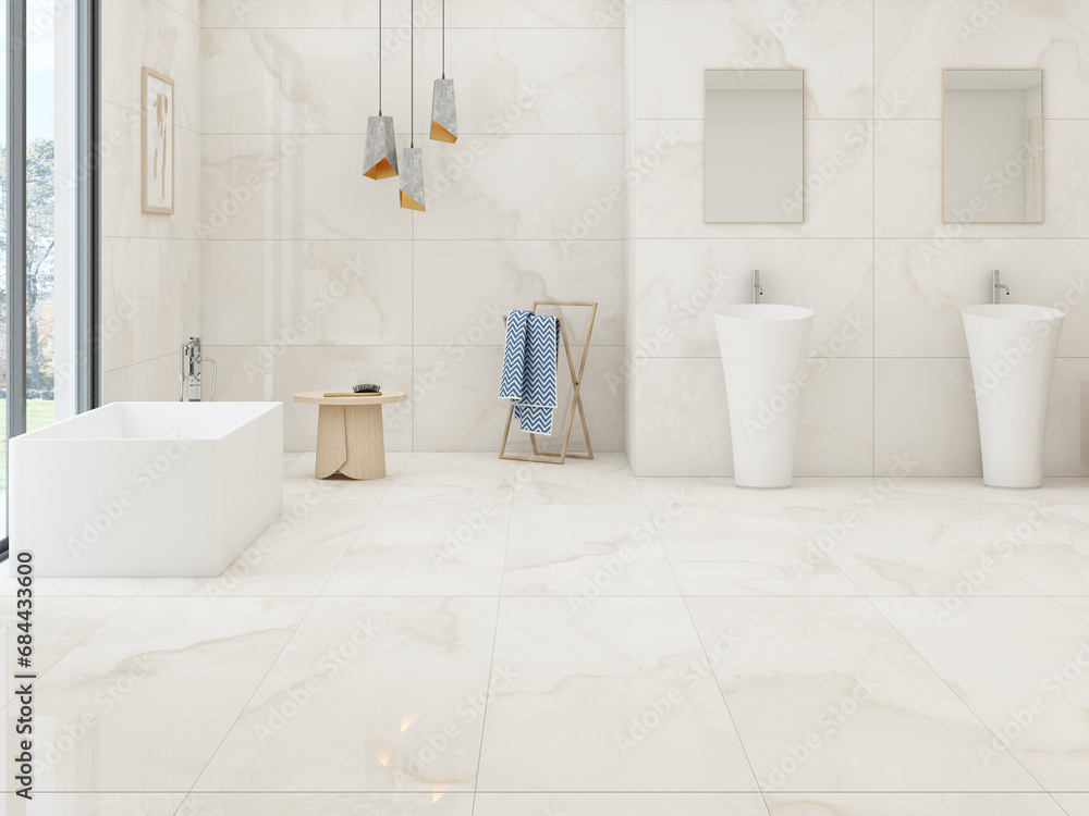 Stylish bathroom interior with white marble walls and floor, shower ...