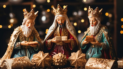 Wall Mural - Three wise men holding gifts for Jesus. Concept for religious holiday of Epiphany, Nativity of Jesus, Three Kings Day, Christmas