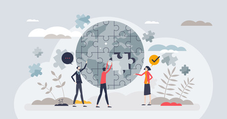 Wall Mural - Teamwork in sustainability and make green future together tiny person concept. Social work and nature friendly community with strong partnership and collaboration for clean planet vector illustration