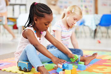 education, kindergarten and children with toys for playing, child development and creative learning.