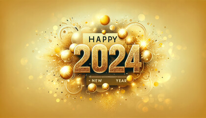 Wall Mural - Happy New Year 2024. Gold background with golden balls and stars.