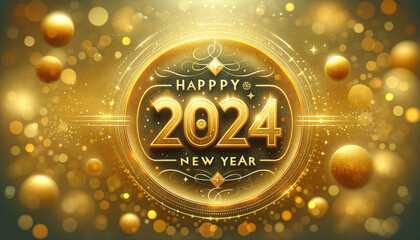 Wall Mural - Happy New Year 2024. Gold background with golden balls and stars.