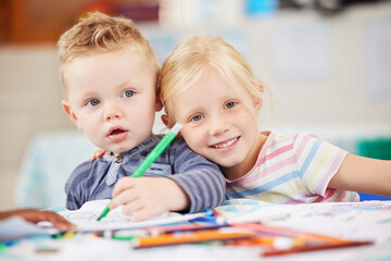 Canvas Print - Face, kid or friend with drawing in classroom for learning, education and development of motor skills. Little girl, boy or student with smile for art project, homework or assessment in kindergarten