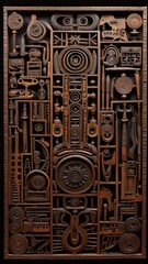 Wall Mural - an ornate display of interlocking hieroglyphic-like symbols and motifs in an ancient-inspired arrang