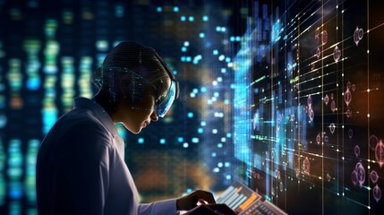 Wall Mural - person in a technology digital city