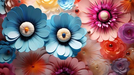 Wall Mural - blossoming 3d abstract flowers with pulsating concentric circles, their vivid hues and rhythmic moti