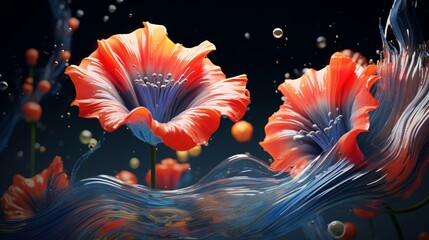 Wall Mural - blooms of surreal, digitized 3d abstract flowers pulsating rhythmically, creating an immersive and s