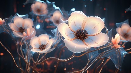 Wall Mural - blossoming 3d digital flowers composed of intricate circuitry, forming a fusion of technology and na