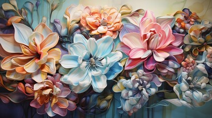Wall Mural - cascading ribbons of iridescent 3d flowers twirling and spiraling, weaving an entrancing tapestry of