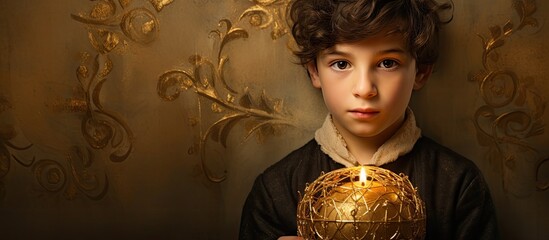 In the heart of JerCountrylem, a boy with a deep sense of spirituality admired the vintage gold ornament, intertwined with a religious design, symbolizing the rich culture and holy belief of Judaism