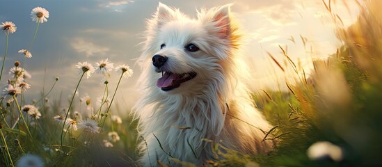 Sticker - In the abstract summer landscape, a dog blends with nature, bounding through spring grass under the open sky, its white fur shimmering in the green space. With happy eyes and a cute smile on its face