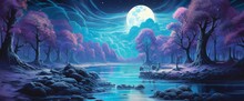A Surreal Landscape With Blue Trees And A River Glowing Under A Bright Blue Moon.