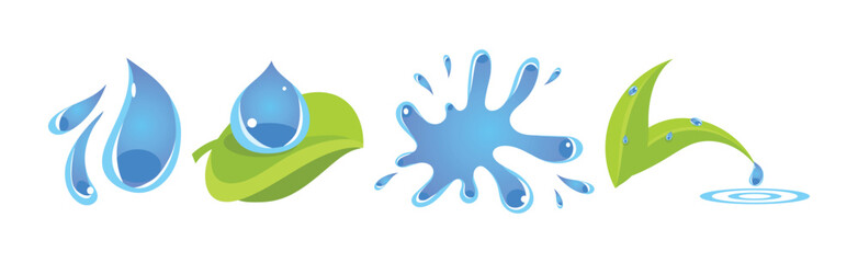 Wall Mural - Green Leaf and Water Drop Ecological Icon Vector Set