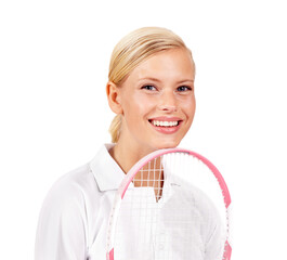 Canvas Print - Portrait, woman and smile with tennis racket in studio for sports, competition and contest isolated on mockup white background. Happy professional athlete with bat for skill, performance and pride