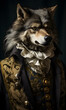 portrait of wolf dressed in Victorian era clothes, confident vintage fashion portrait of an anthropomorphic animal, posing with a charismatic human attitude