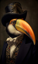 Portrait Of Toucan Dressed In Victorian Era Clothes, Confident Vintage Fashion Portrait Of An Anthropomorphic Animal, Posing With A Charismatic Human Attitude