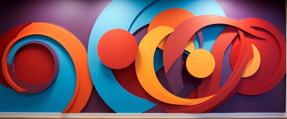 Wall Mural - Playful spirals and geometric shapes intertwine in cheerful colors, forming a lively and dynamic 3D wall abstraction that radiates positivity.