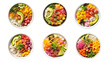 Collection of PNG. Hawaiian poke bowl tuna, salmon, shrimp with avocado, mango, radish, rice and other ingredients. Top view isolated on a transparent background.