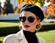 photo of middle aged woman with white turtleneck and black beret and black sunglasses standing in front of autumn park, generative AI