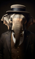 portrait of elephant dressed in Victorian era clothes, confident vintage fashion portrait of an anthropomorphic animal, posing with a charismatic human attitude